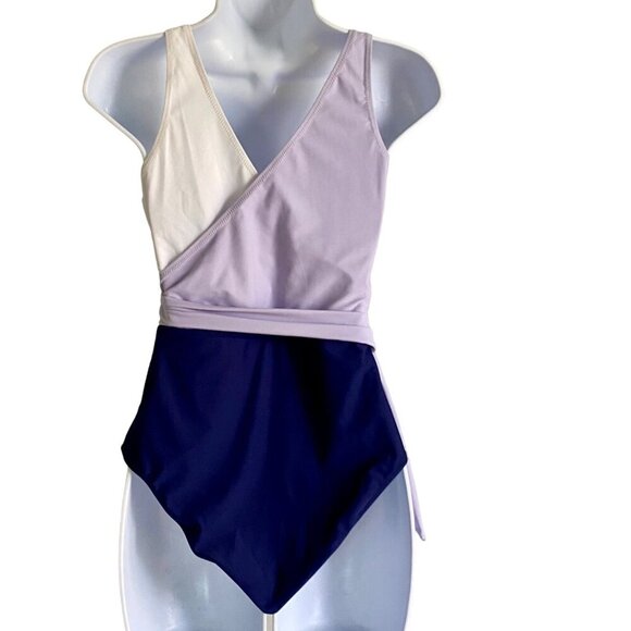 Cupshe One Piece Swimsuit Color Block Tie Side Purple White Size Small NEW NWT - Picture 8 of 11